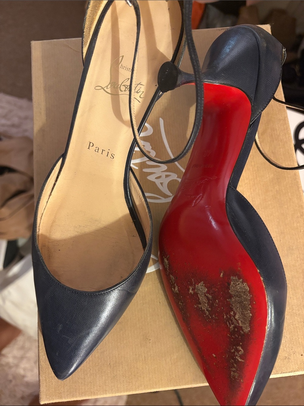 Christian Louboutin Navy Pointed Toe Slingback Pumps with Red Sole